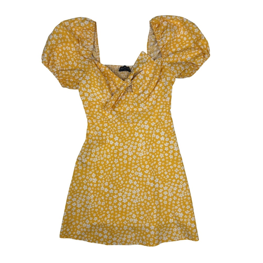 White Fox Yellow Floral Puff Sleeve Tie‎ Front Smocked Mini Dress Womens XS